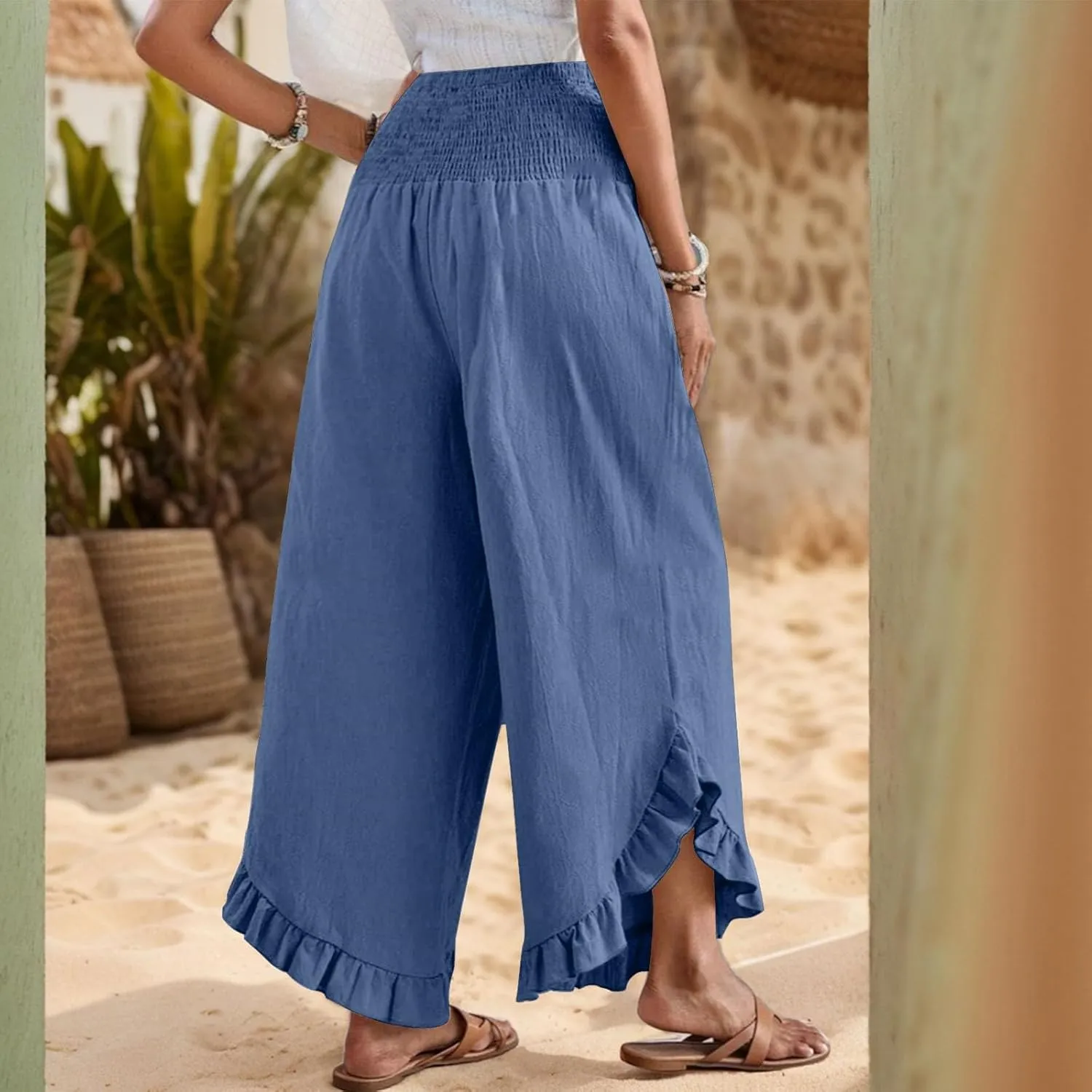 Linen Pants Women Wide Leg Smocked Waist Ruffle Hem Summer Palazzo Baggy Casual Boho Flowy Beach Trouser with Pockets