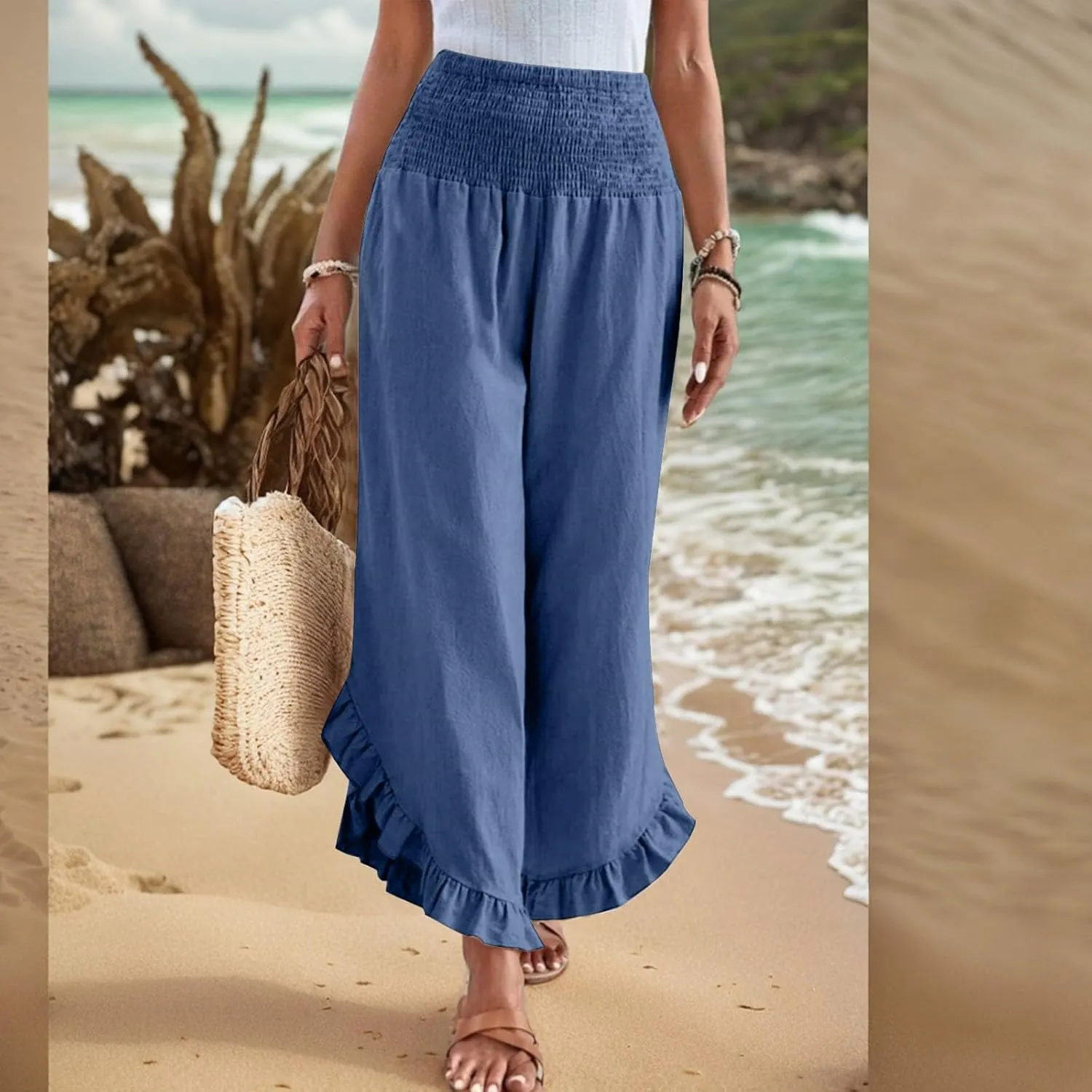 Linen Pants Women Wide Leg Smocked Waist Ruffle Hem Summer Palazzo Baggy Casual Boho Flowy Beach Trouser with Pockets