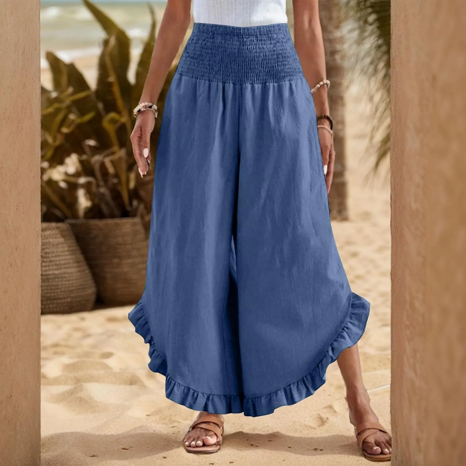 Linen Pants Women Wide Leg Smocked Waist Ruffle Hem Summer Palazzo Baggy Casual Boho Flowy Beach Trouser with Pockets