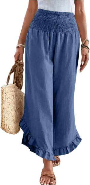 Linen Pants Women Wide Leg Smocked Waist Ruffle Hem Summer Palazzo Baggy Casual Boho Flowy Beach Trouser with Pockets