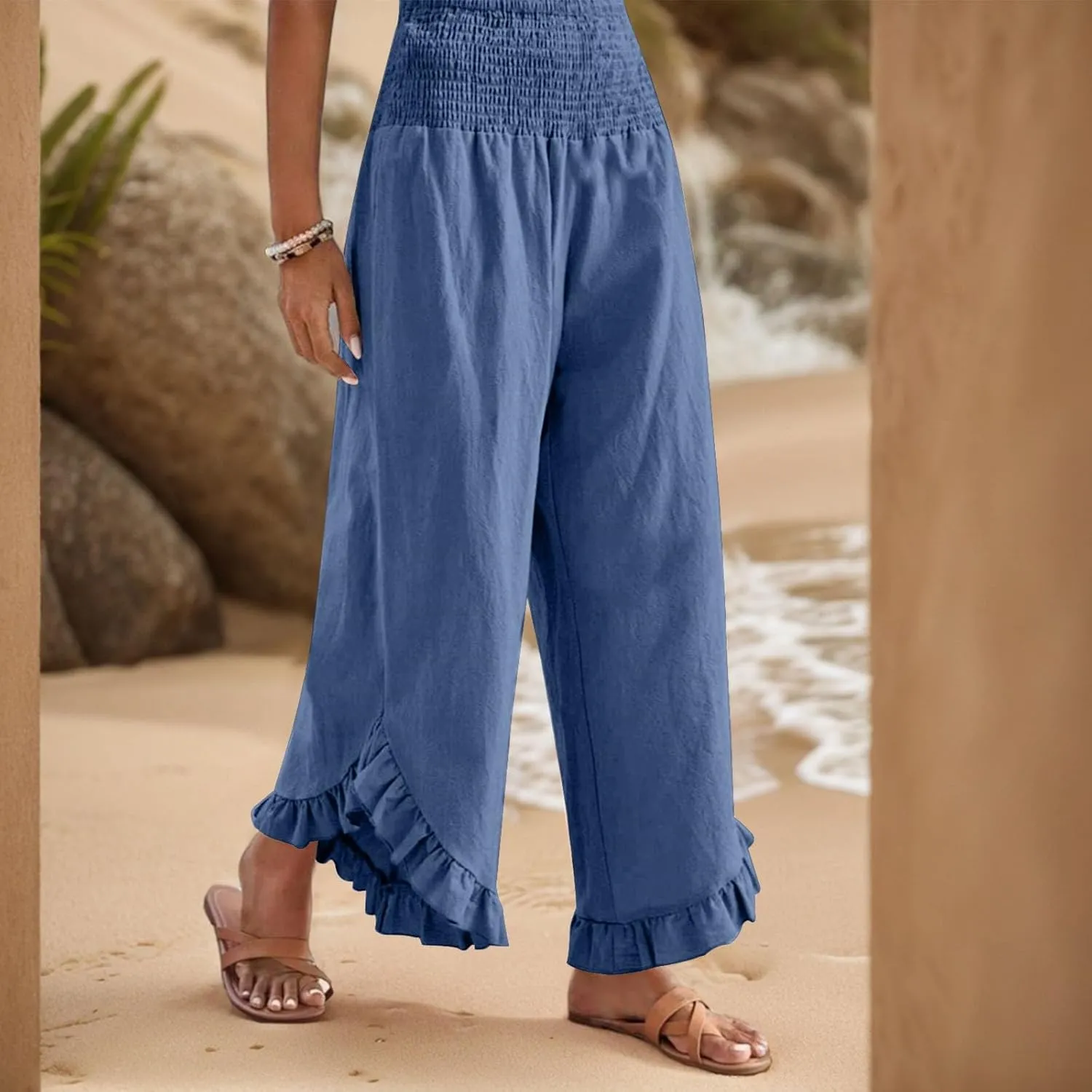 Linen Pants Women Wide Leg Smocked Waist Ruffle Hem Summer Palazzo Baggy Casual Boho Flowy Beach Trouser with Pockets