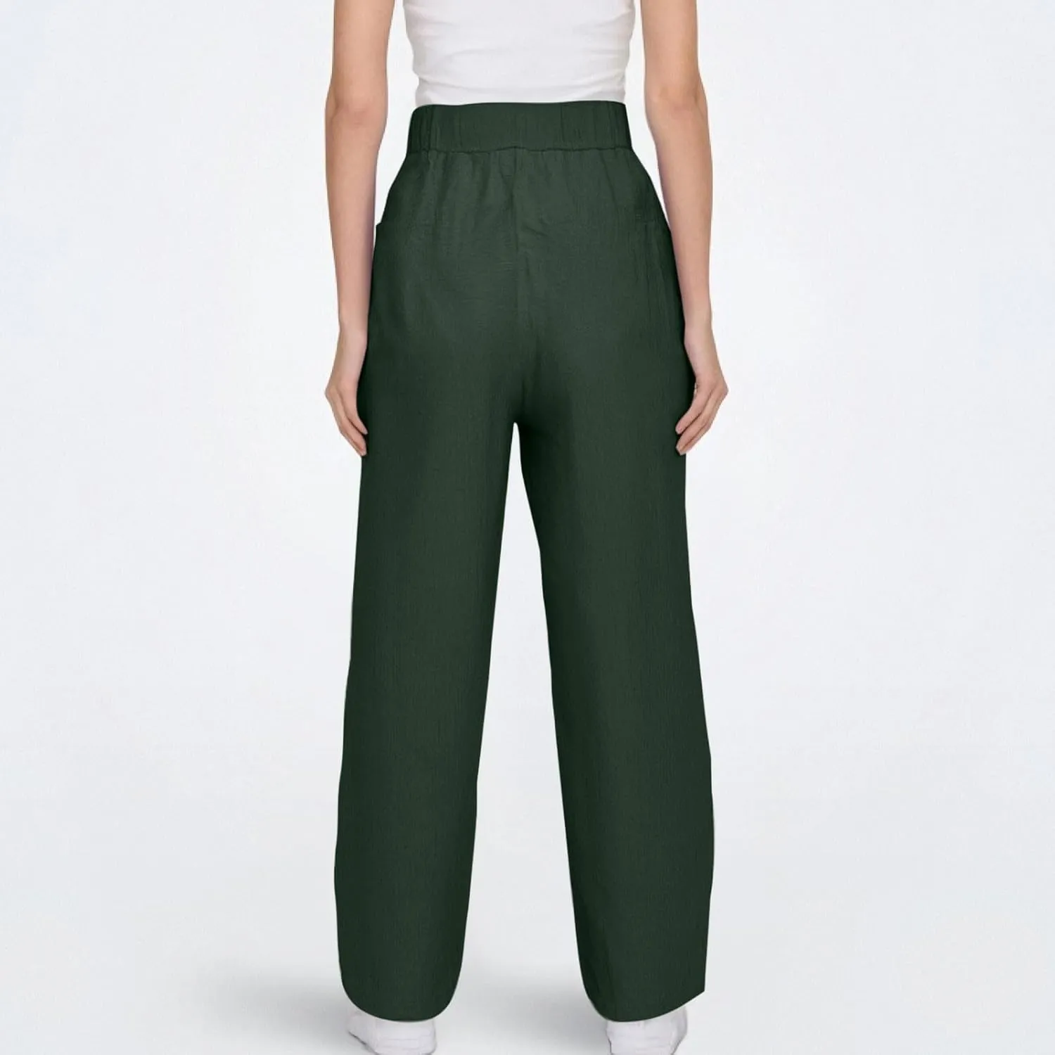 Linen Pants Women with Pockets Straight Leg Slim Fit Slacks High Elastic Waist Drawstring Palazzo Pants