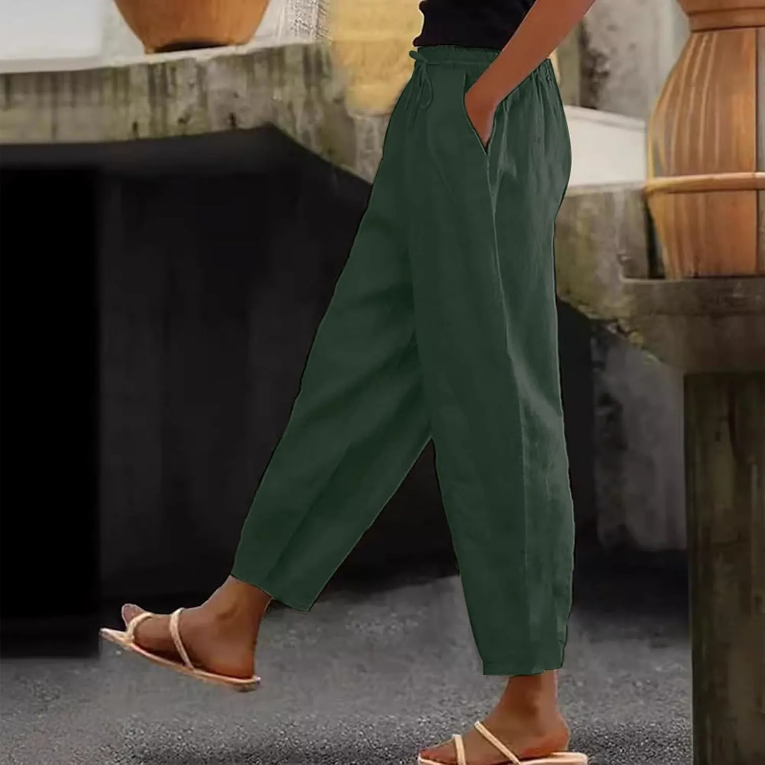 Linen Pants Women with Pockets Straight Leg Slim Fit Slacks High Elastic Waist Drawstring Palazzo Pants