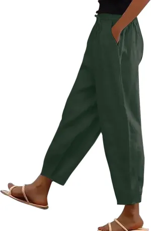 Linen Pants Women with Pockets Straight Leg Slim Fit Slacks High Elastic Waist Drawstring Palazzo Pants