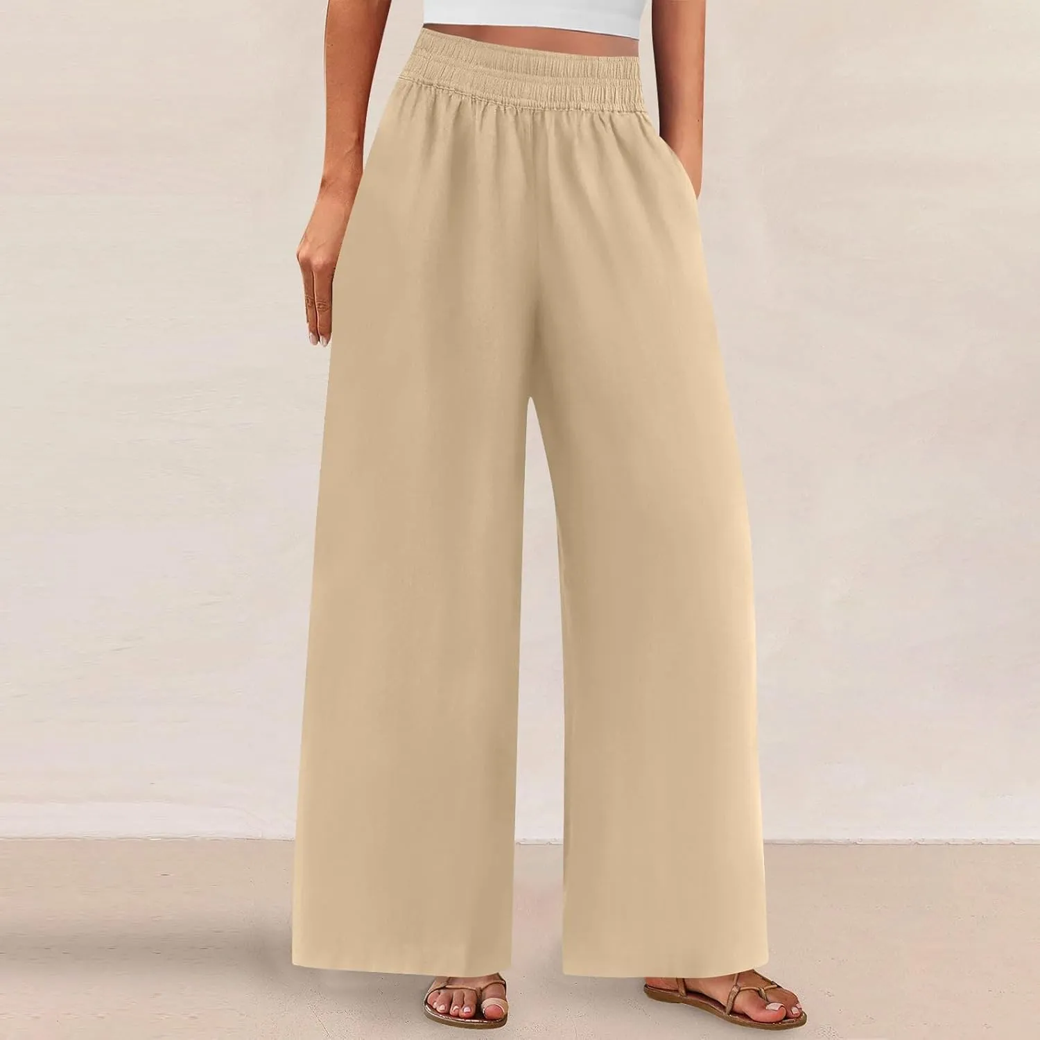 Linen Pants Women, Women's Cotton Linen Palazzo Pants Drawstring Elastic Waist Casual Wide Leg Trousers with Pockets
