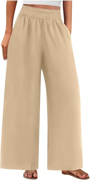 Linen Pants Women, Women's Cotton Linen Palazzo Pants Drawstring Elastic Waist Casual Wide Leg Trousers with Pockets