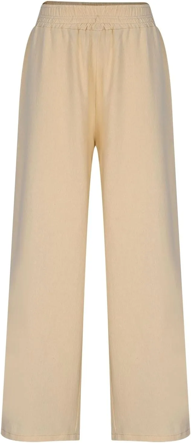 Linen Pants Women, Women's Cotton Linen Palazzo Pants Drawstring Elastic Waist Casual Wide Leg Trousers with Pockets