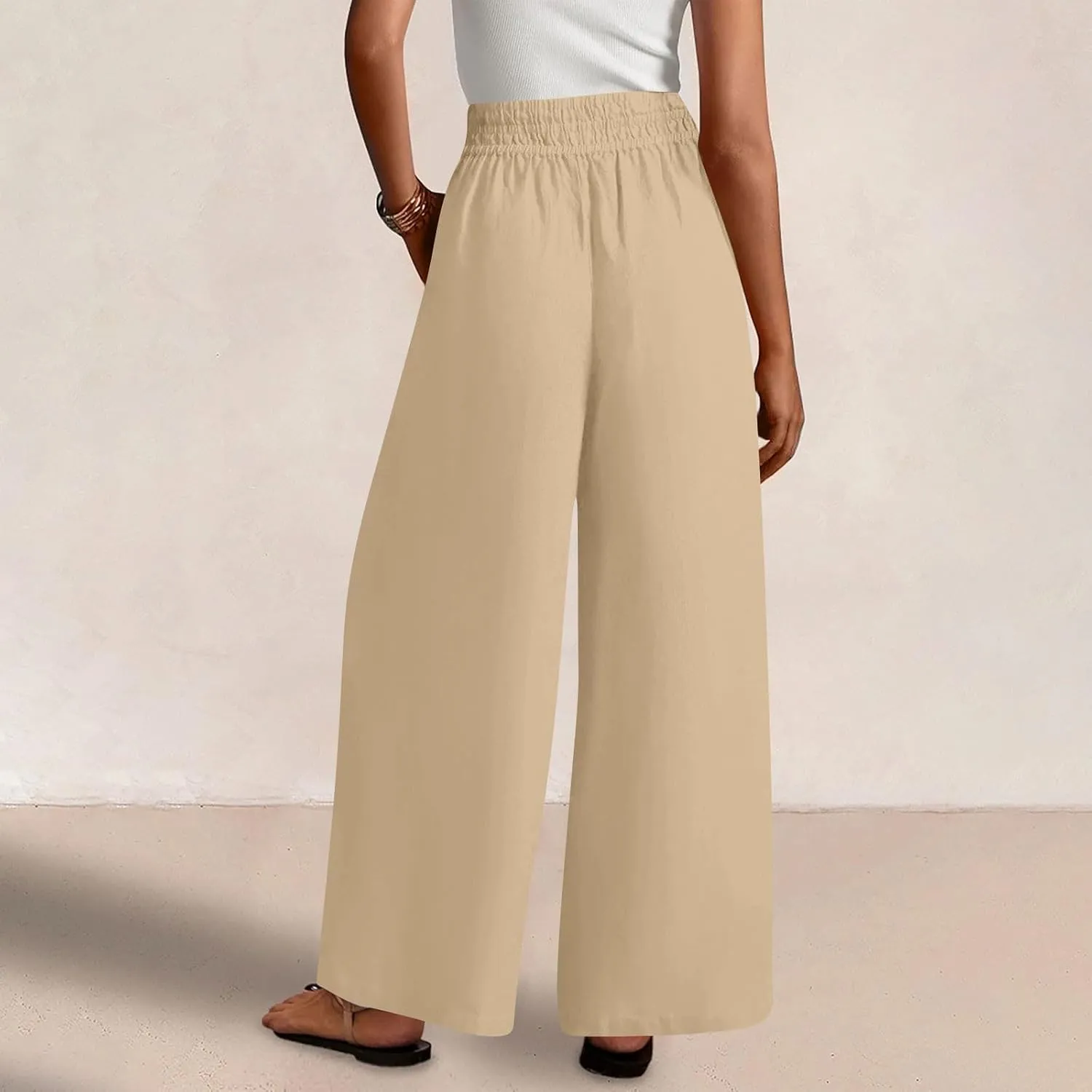 Linen Pants Women, Women's Cotton Linen Palazzo Pants Drawstring Elastic Waist Casual Wide Leg Trousers with Pockets