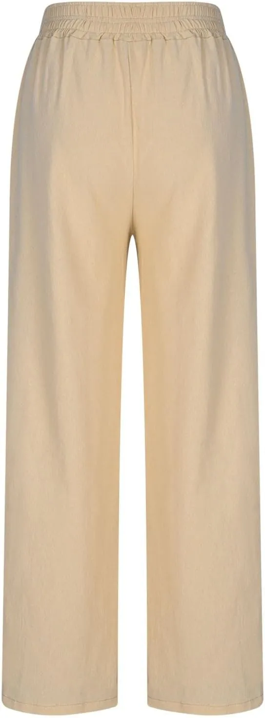 Linen Pants Women, Women's Cotton Linen Palazzo Pants Drawstring Elastic Waist Casual Wide Leg Trousers with Pockets