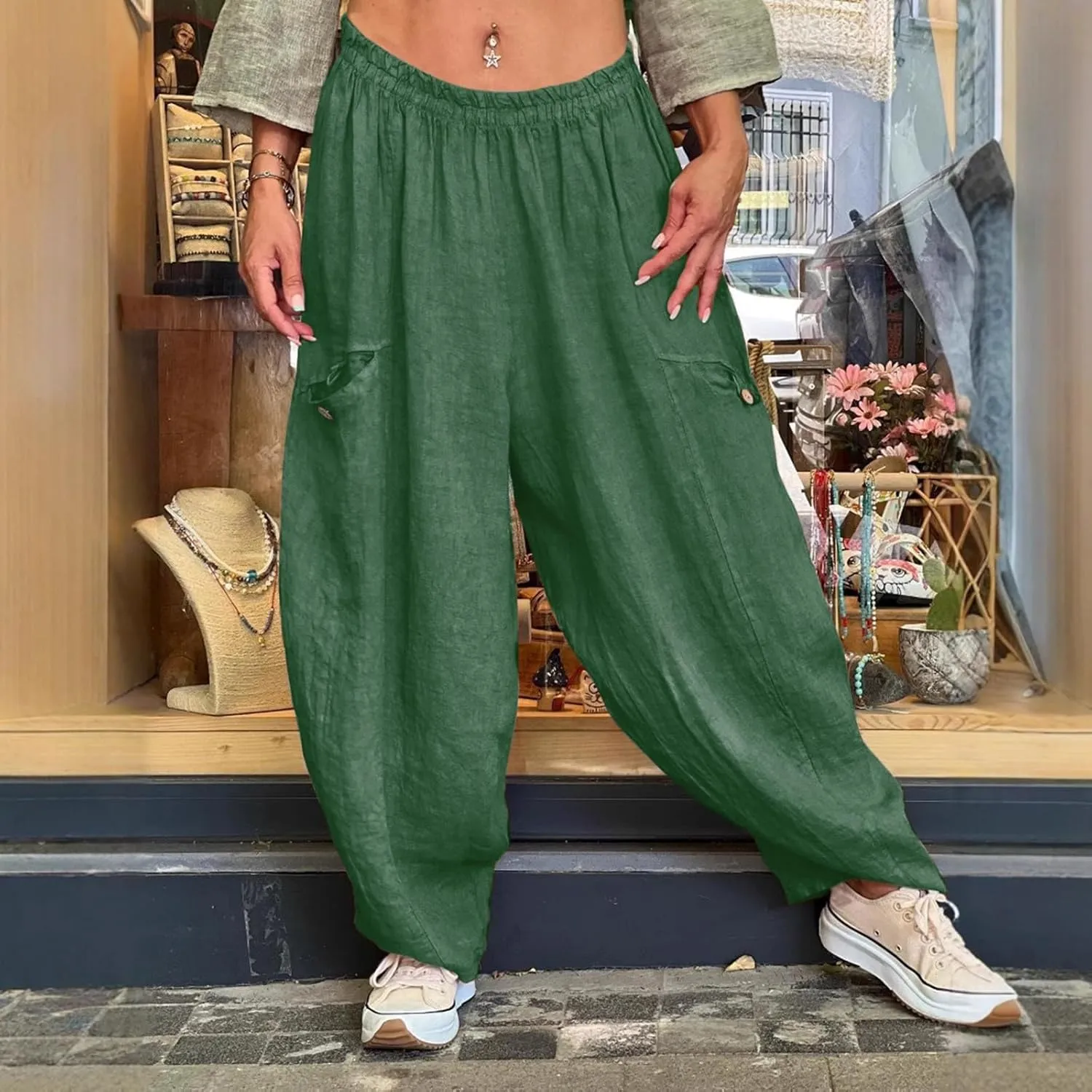 Linen Pants Women Women'sCotton and Linen Solid Color Pocket Baggy Casual Pants Beach Travel Vacation Clothe Flowy