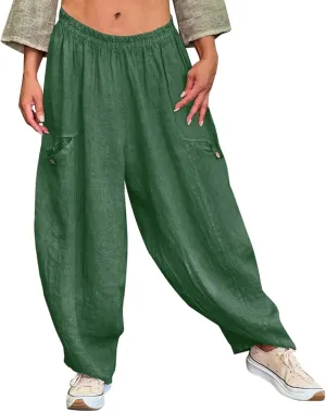 Linen Pants Women Women'sCotton and Linen Solid Color Pocket Baggy Casual Pants Beach Travel Vacation Clothe Flowy