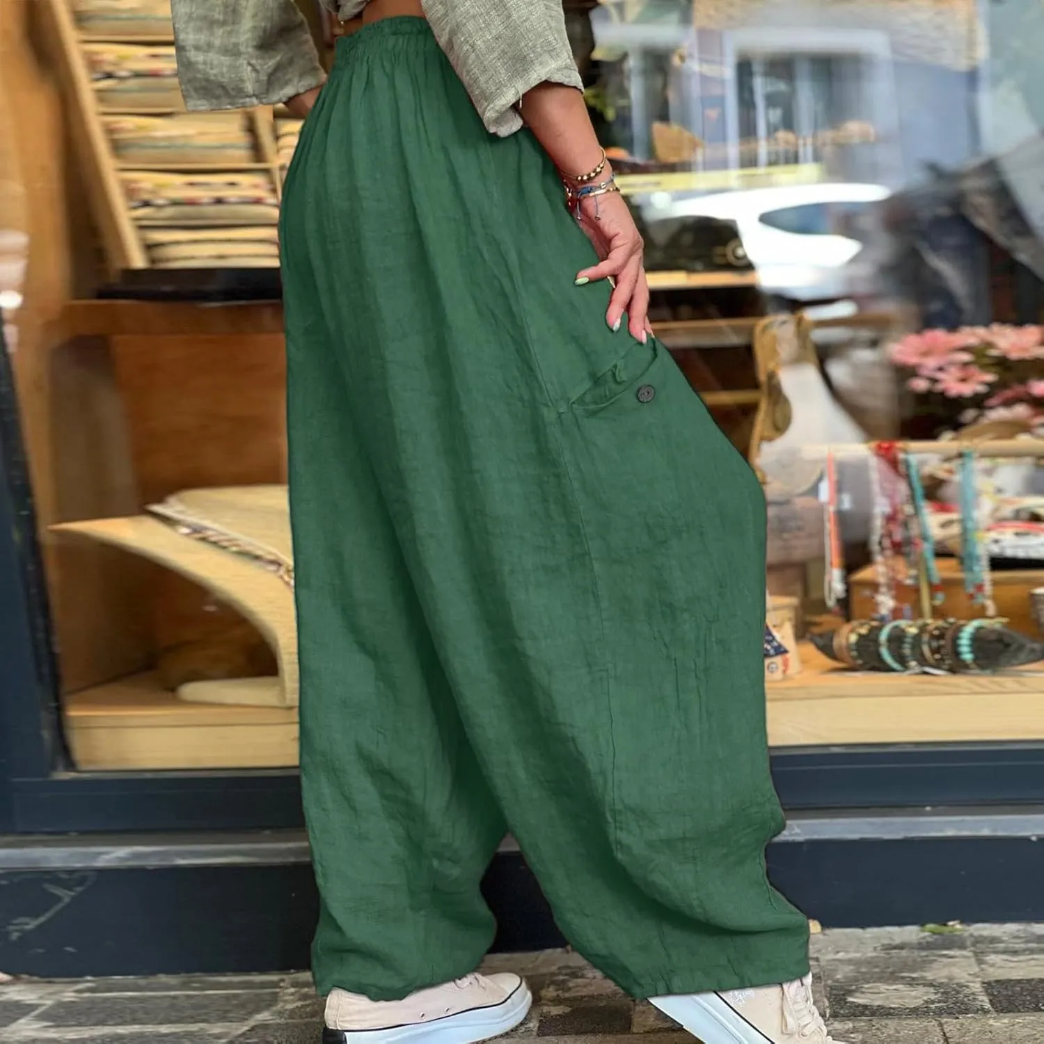 Linen Pants Women Women'sCotton and Linen Solid Color Pocket Baggy Casual Pants Beach Travel Vacation Clothe Flowy