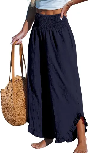 Linen Wide Leg Pants for Women 2025 Stretch Smocked High Waisted Ruffle Hem Palazzo Pants Summer Loose Beach Pants