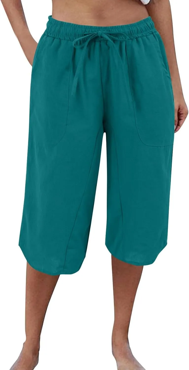 Linen Women's Shorts High Waisted Casual Wide Leg Drawstring Capri Pants with Pocket Knee Length