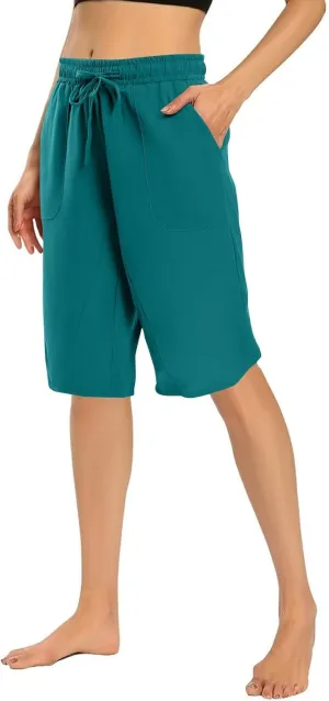 Linen Women's Shorts High Waisted Casual Wide Leg Drawstring Capri Pants with Pocket Knee Length