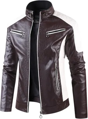 LOAIHA Men's Motorcycle Jacket Stand Collar Leather Jacket Spring and Fall Trendy Color Block Motor Biker Jacket