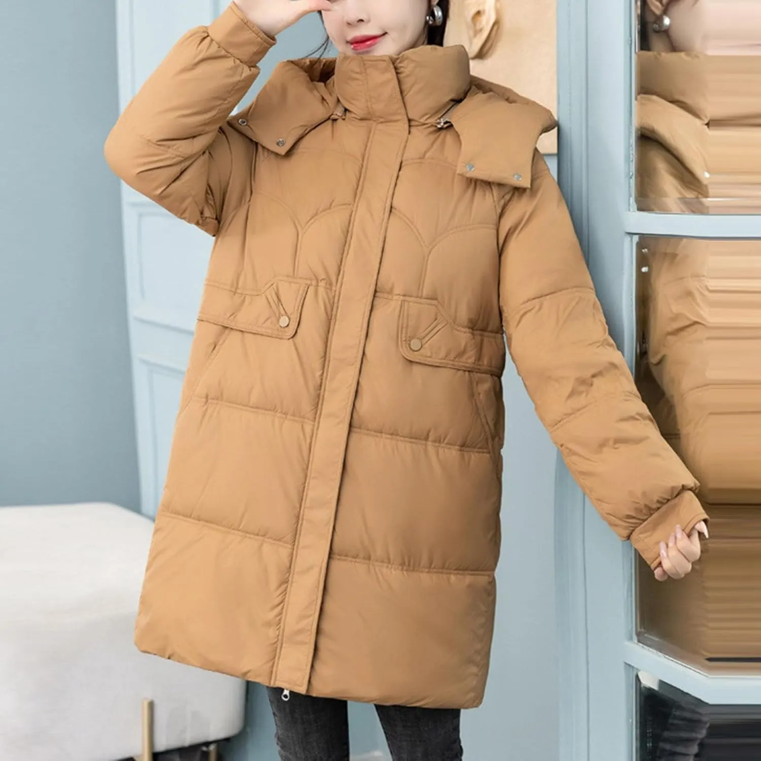 Long Puffer Jacket for Women 2024 Thickened Winter Coat Hooded with Deep Pockets Ladies Warm Winter Jacket Plus Size