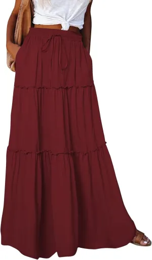 Long Skirts for Women 2025 Elastic Waist Solid Pleated Ruffle Boho Flowy A line Maxi Skirt, S-2XL