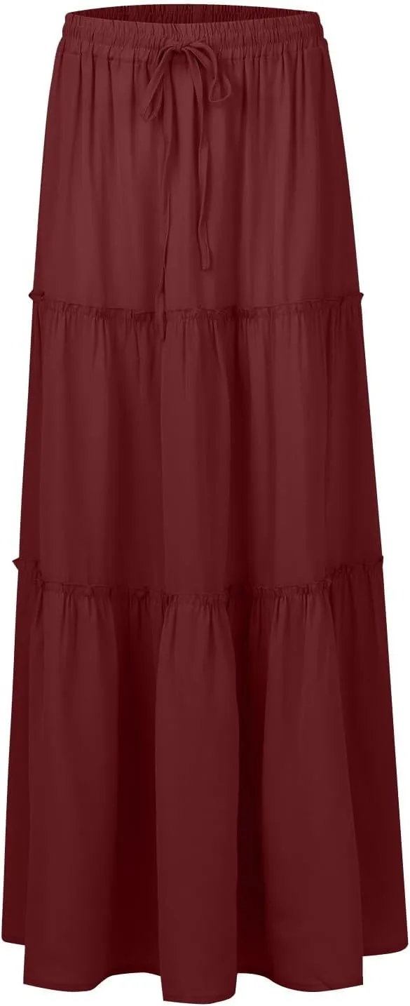 Long Skirts for Women 2025 Elastic Waist Solid Pleated Ruffle Boho Flowy A line Maxi Skirt, S-2XL