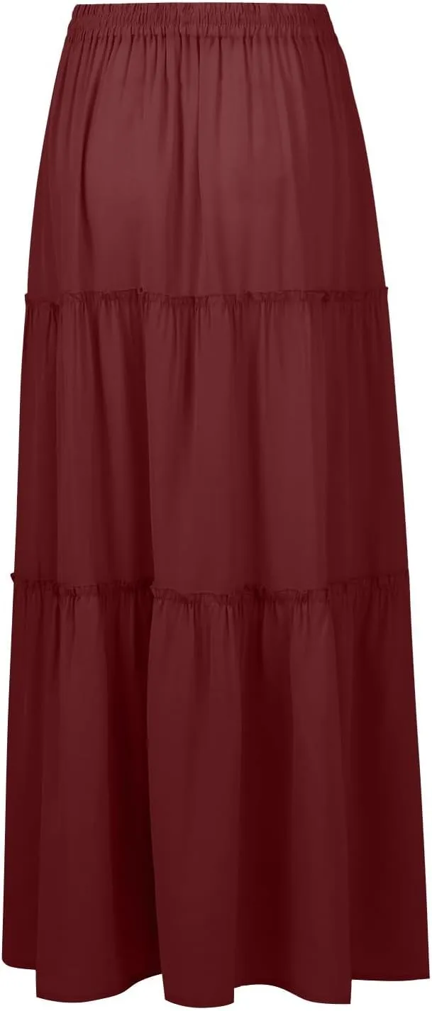 Long Skirts for Women 2025 Elastic Waist Solid Pleated Ruffle Boho Flowy A line Maxi Skirt, S-2XL