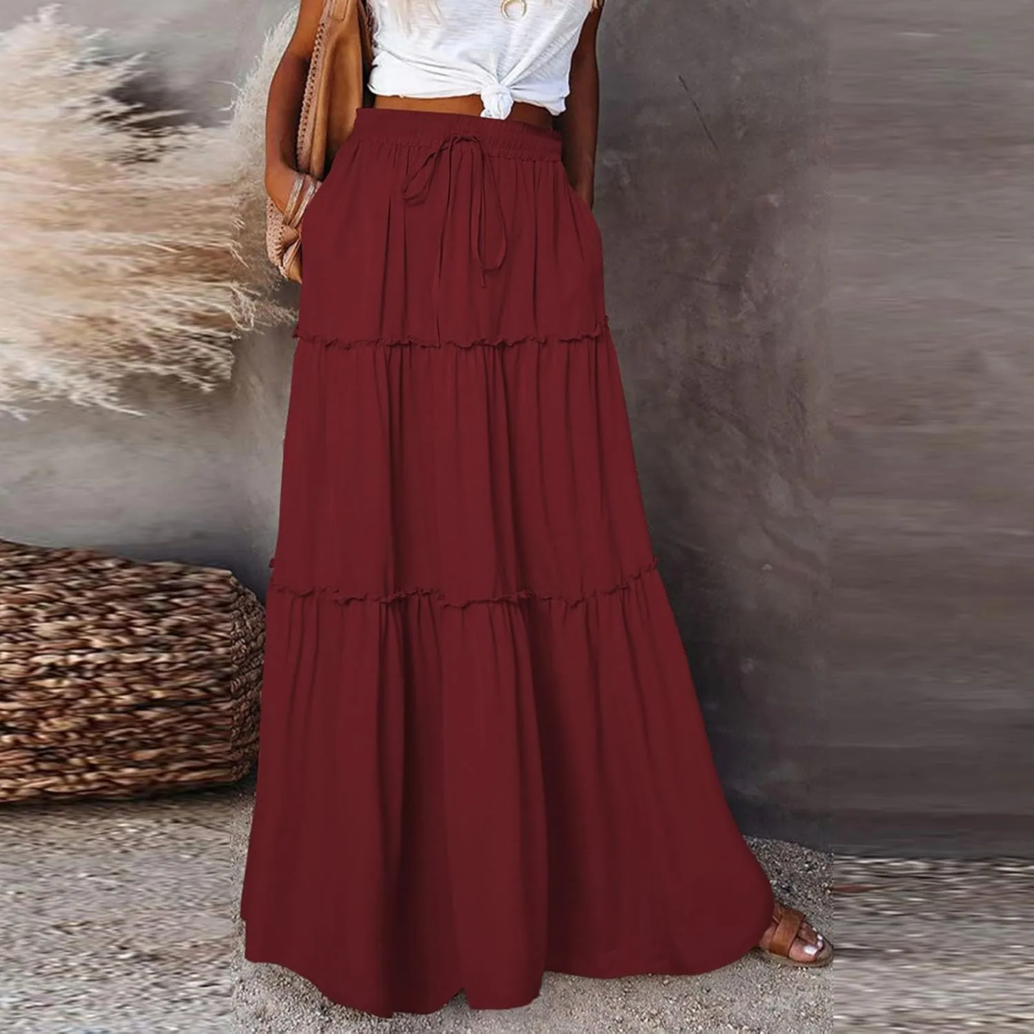 Long Skirts for Women 2025 Elastic Waist Solid Pleated Ruffle Boho Flowy A line Maxi Skirt, S-2XL