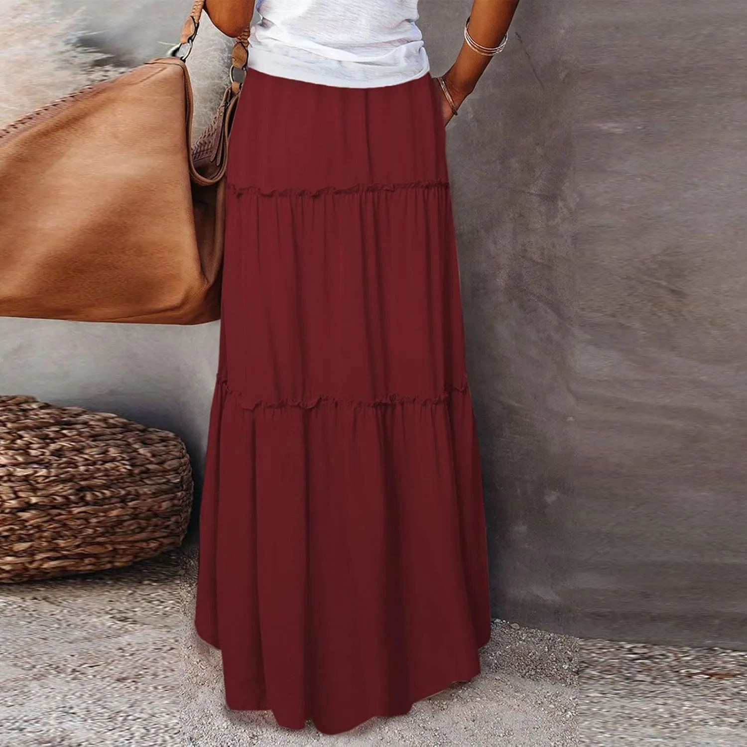 Long Skirts for Women 2025 Elastic Waist Solid Pleated Ruffle Boho Flowy A line Maxi Skirt, S-2XL