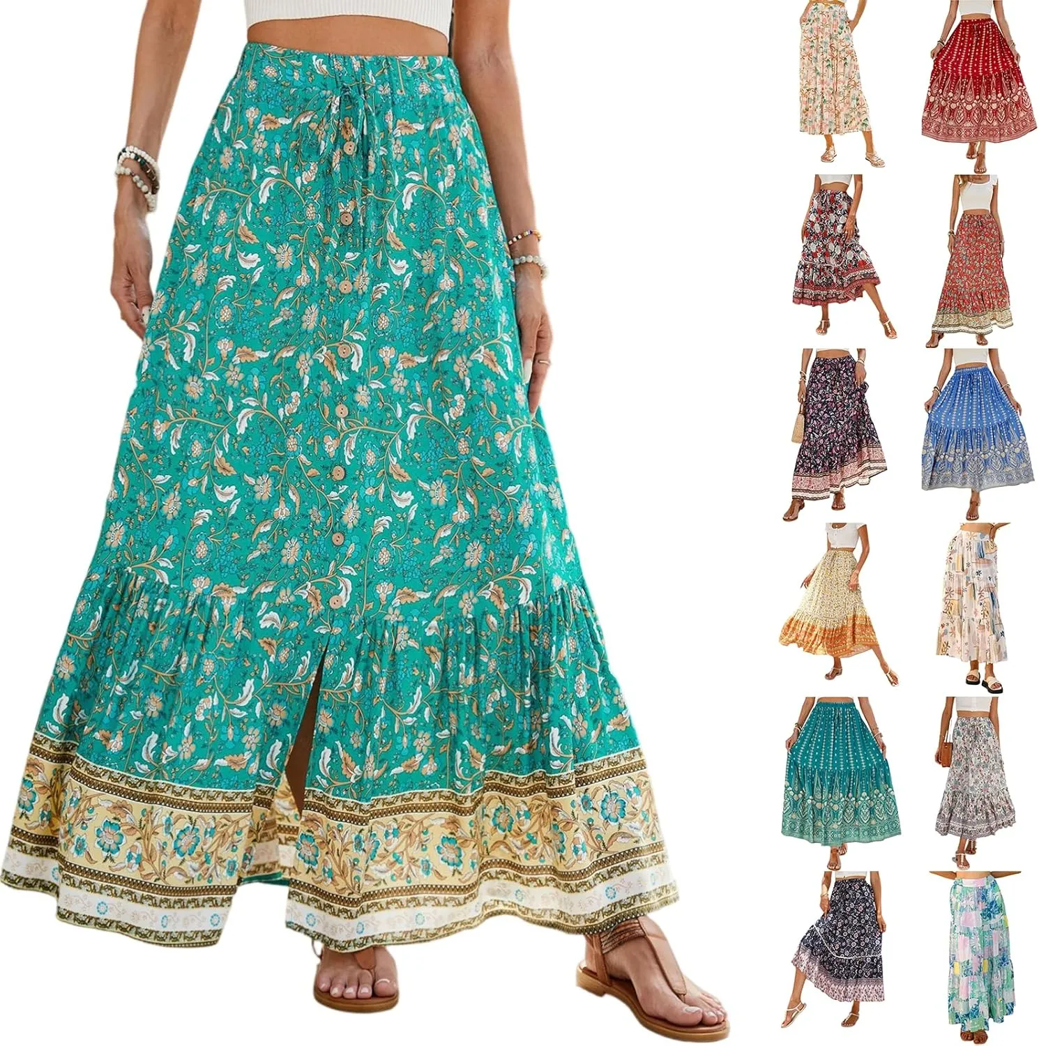 Long Skirts for Women Floral Boho Beach Flowy Tiered Maxi Skirt Drawstring High Waisted Skirts A Line Midi Skirt