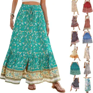 Long Skirts for Women Floral Boho Beach Flowy Tiered Maxi Skirt Drawstring High Waisted Skirts A Line Midi Skirt