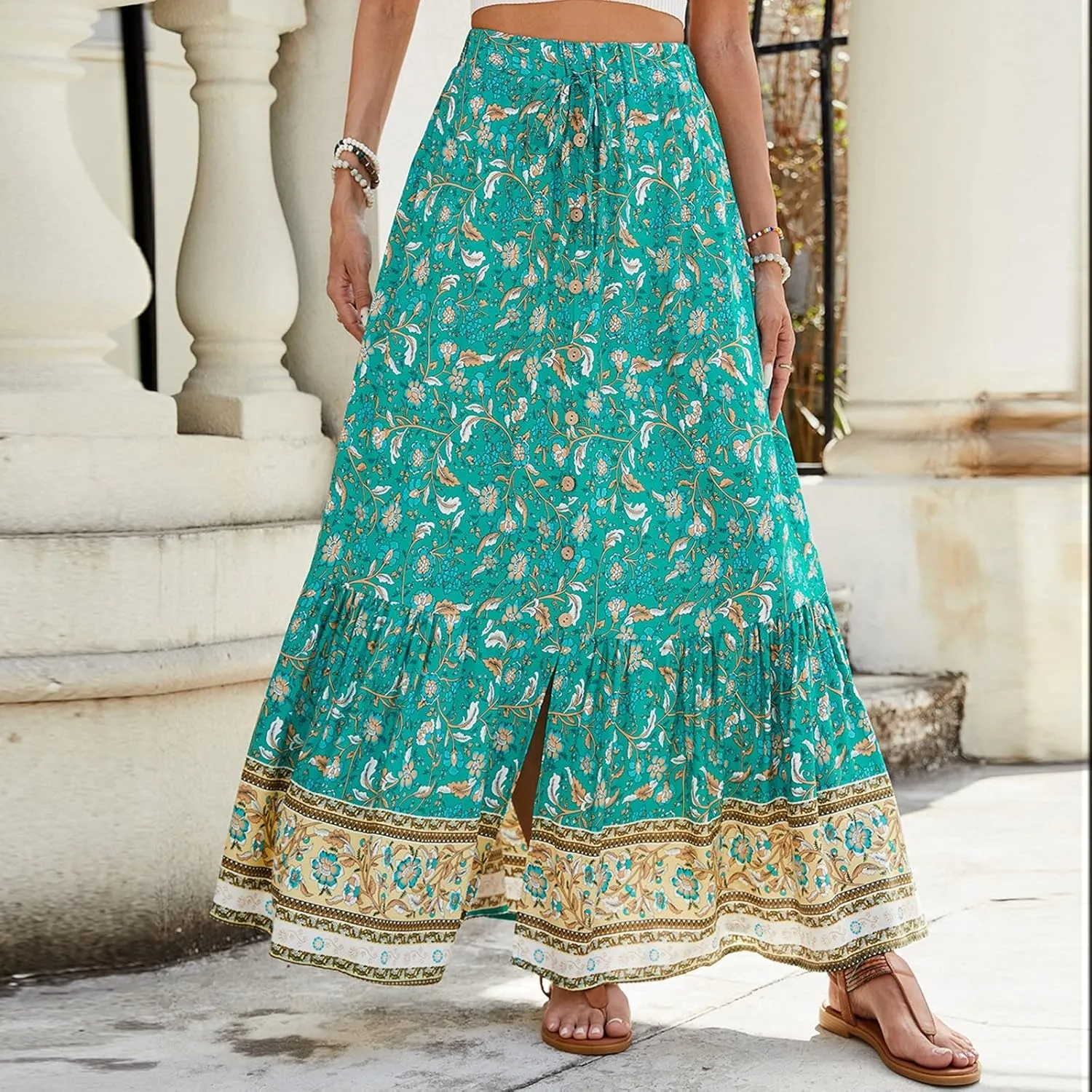 Long Skirts for Women Floral Boho Beach Flowy Tiered Maxi Skirt Drawstring High Waisted Skirts A Line Midi Skirt