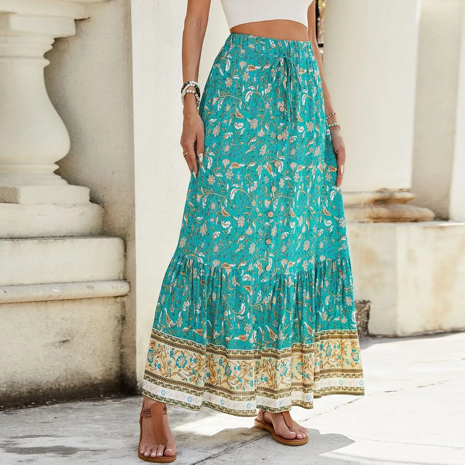 Long Skirts for Women Floral Boho Beach Flowy Tiered Maxi Skirt Drawstring High Waisted Skirts A Line Midi Skirt