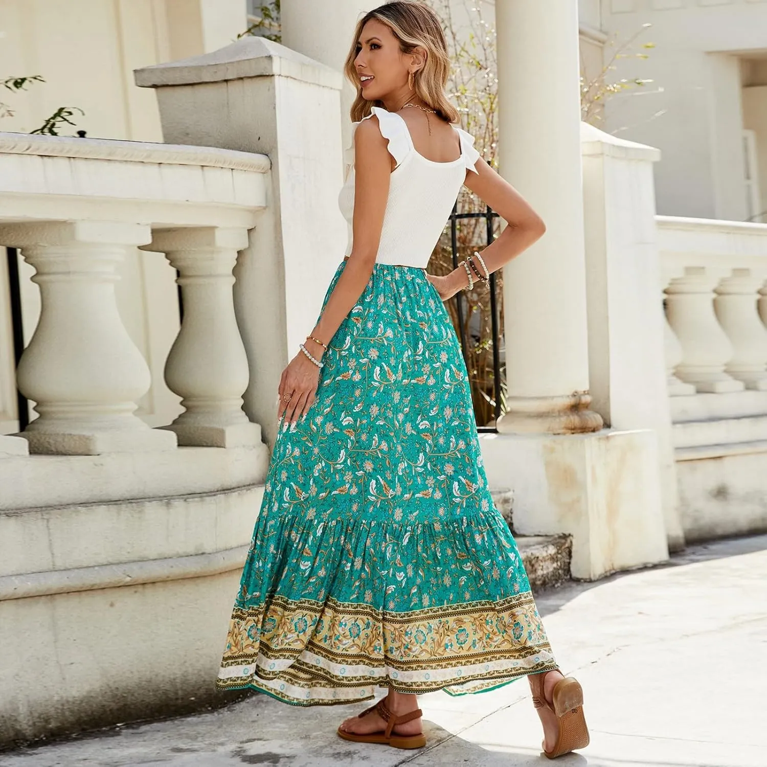 Long Skirts for Women Floral Boho Beach Flowy Tiered Maxi Skirt Drawstring High Waisted Skirts A Line Midi Skirt