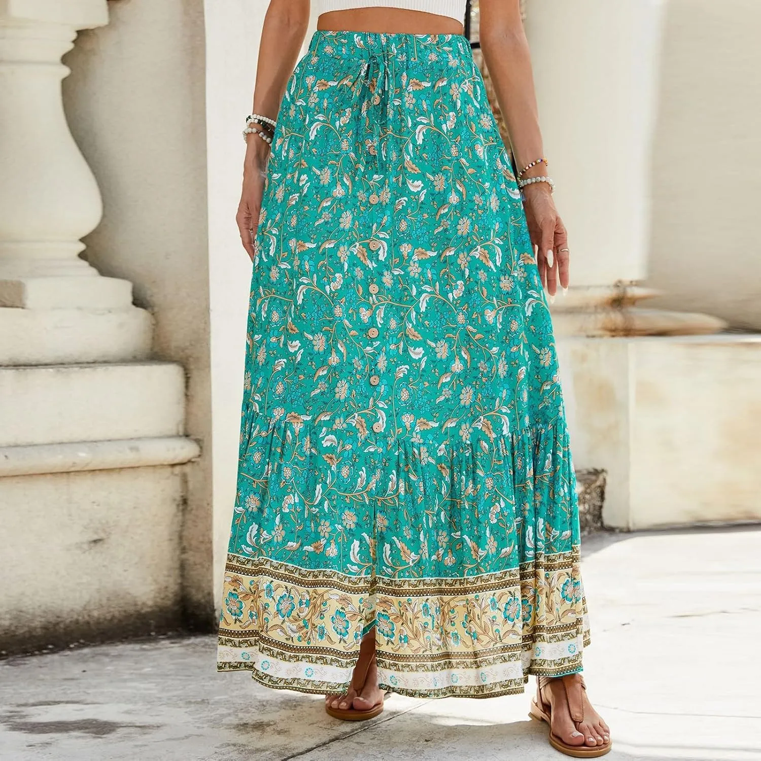 Long Skirts for Women Floral Boho Beach Flowy Tiered Maxi Skirt Drawstring High Waisted Skirts A Line Midi Skirt