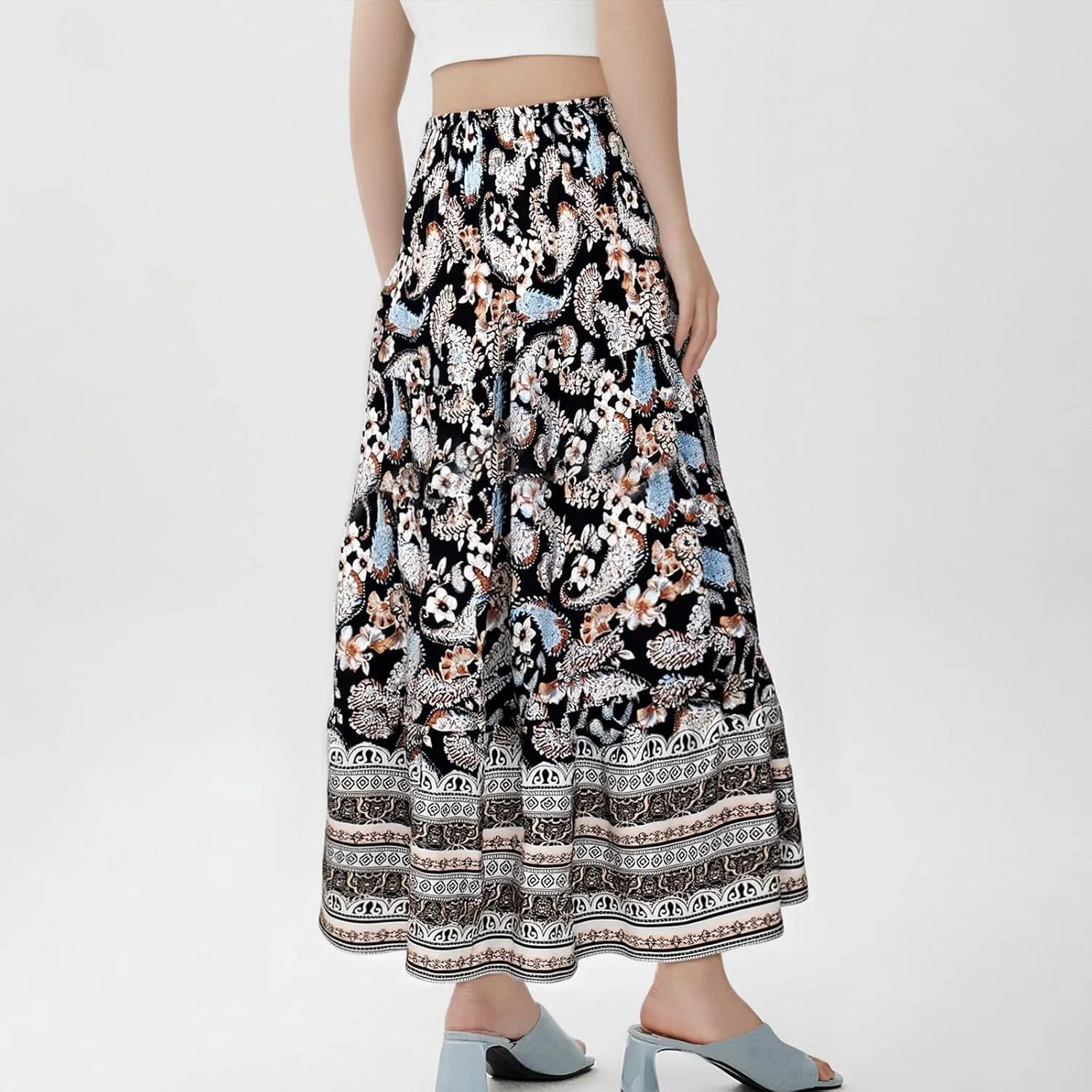 Long Skirts for Women Floral Boho Flowy Maxi Skirt Swing Tiered Midi Skirt Smocked Elastic High Waisted Skirts