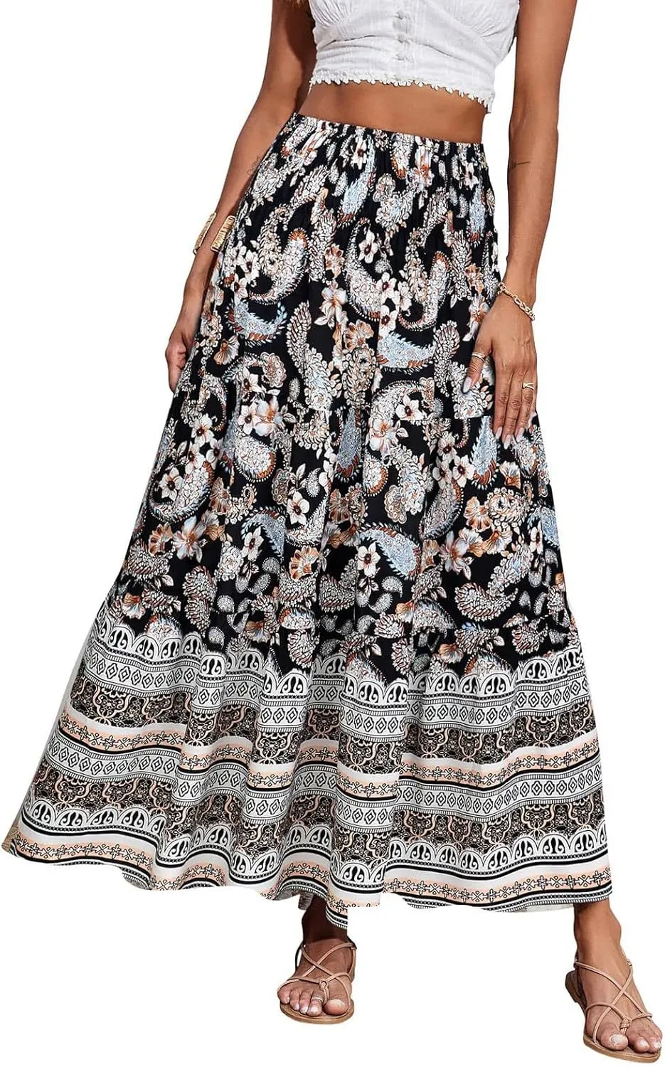 Long Skirts for Women Floral Boho Flowy Maxi Skirt Swing Tiered Midi Skirt Smocked Elastic High Waisted Skirts