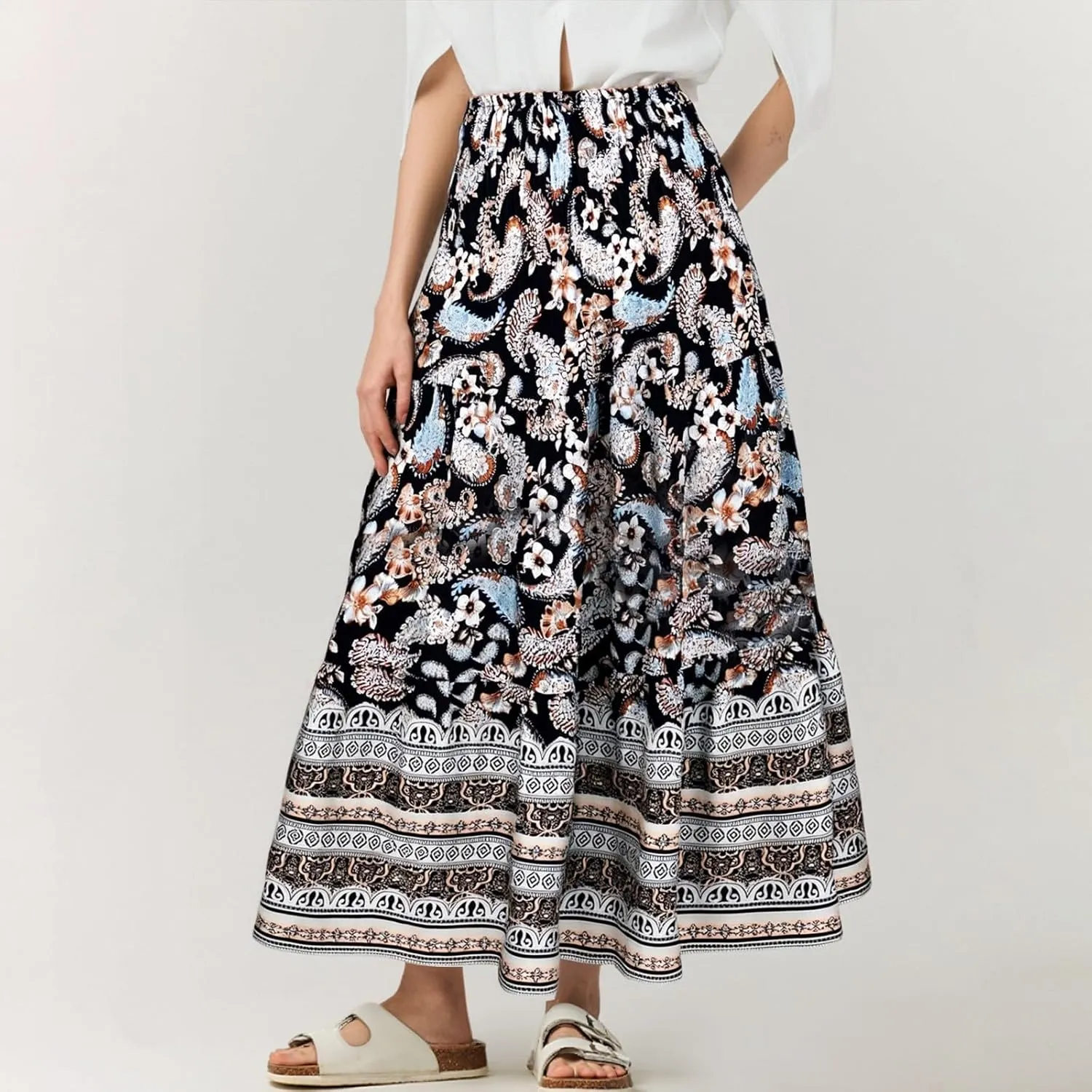 Long Skirts for Women Floral Boho Flowy Maxi Skirt Swing Tiered Midi Skirt Smocked Elastic High Waisted Skirts