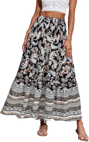 Long Skirts for Women Floral Boho Flowy Maxi Skirt Swing Tiered Midi Skirt Smocked Elastic High Waisted Skirts