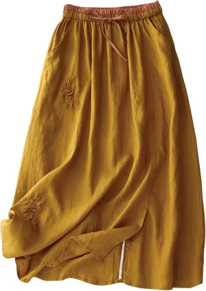 Long Skirts for Women Summer Casual Embroidered Floral Cotton Linen Skirt Dress Loose Fit Elastic Waist Maxi Skirts