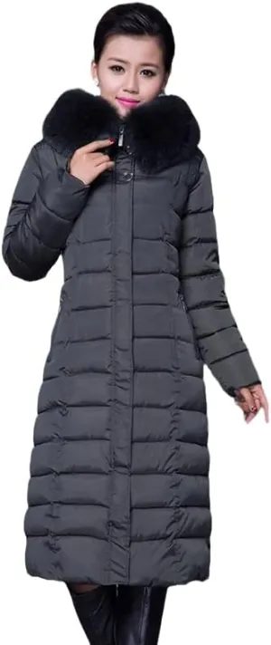 Long Women Winter Jacket Office Ladies Solid Parka Hooded Thick With Fur Collar Slim Cotton Padded Coat Jacke-