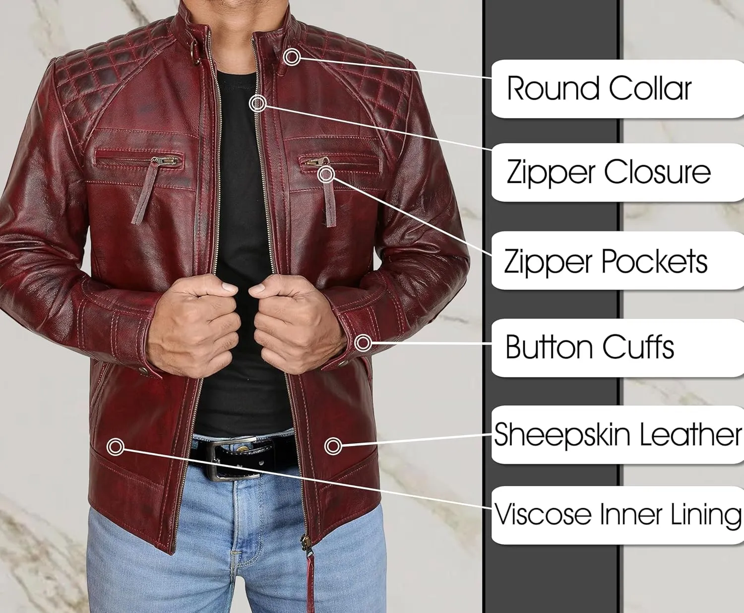 LP-FACON Mens Genuine Soft Leather Jacket - Distressed Motorcycle Jacket Men - Vintage Quilted Fashion Leather Jacket