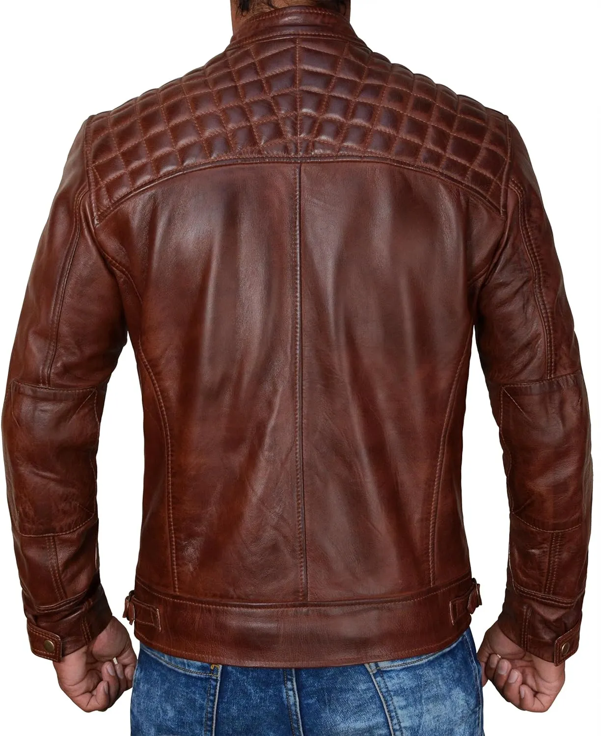 LP-FACON Mens Genuine Soft Leather Jacket - Distressed Motorcycle Jacket Men - Vintage Quilted Fashion Leather Jacket