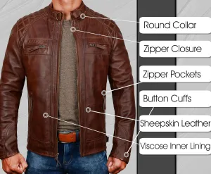 LP-FACON Mens Genuine Soft Leather Jacket - Distressed Motorcycle Jacket Men - Vintage Quilted Fashion Leather Jacket