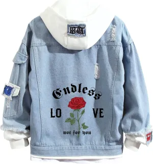 Lpstop Teen Girls Blue Jean Jacket LOVE-ROSE Denim Hoodies Y2K Fashion Hoodie for Women