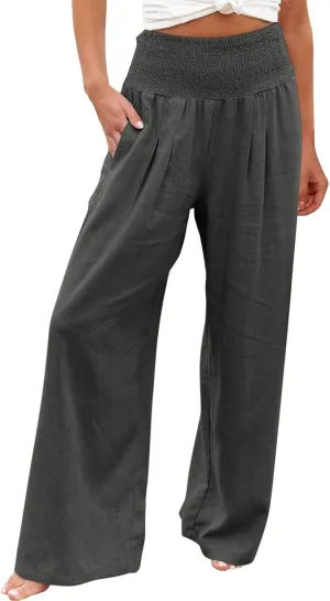 LRMQS Linen Wide Leg Pants Women Summer Casual Drawstring Elastic High Waist Trousers Resort Wear Beach Trendy Palazzo Pant