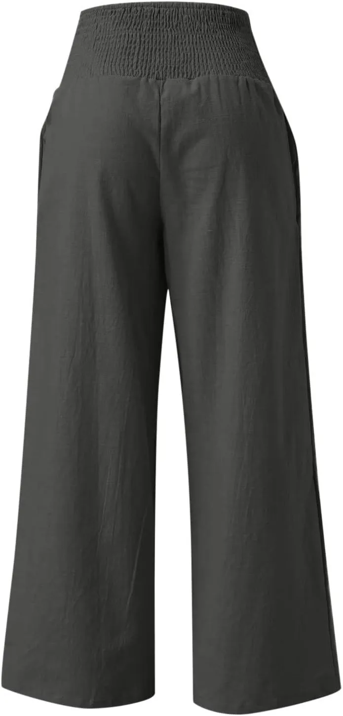 LRMQS Linen Wide Leg Pants Women Summer Casual Drawstring Elastic High Waist Trousers Resort Wear Beach Trendy Palazzo Pant