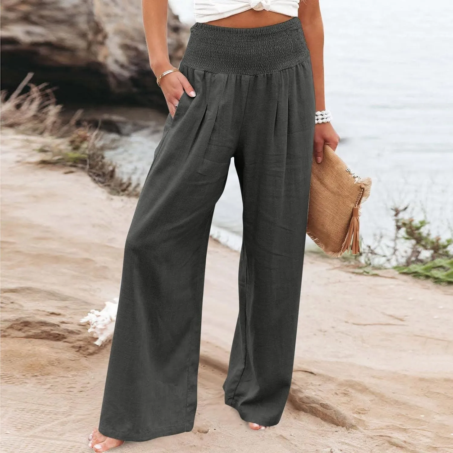LRMQS Linen Wide Leg Pants Women Summer Casual Drawstring Elastic High Waist Trousers Resort Wear Beach Trendy Palazzo Pant