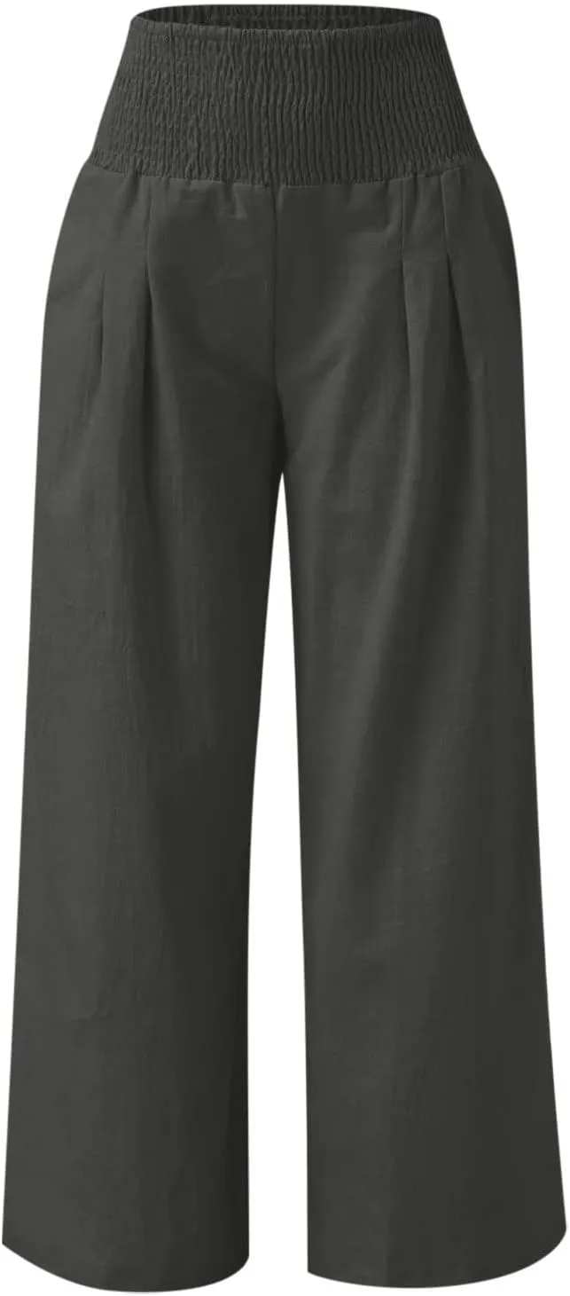 LRMQS Linen Wide Leg Pants Women Summer Casual Drawstring Elastic High Waist Trousers Resort Wear Beach Trendy Palazzo Pant