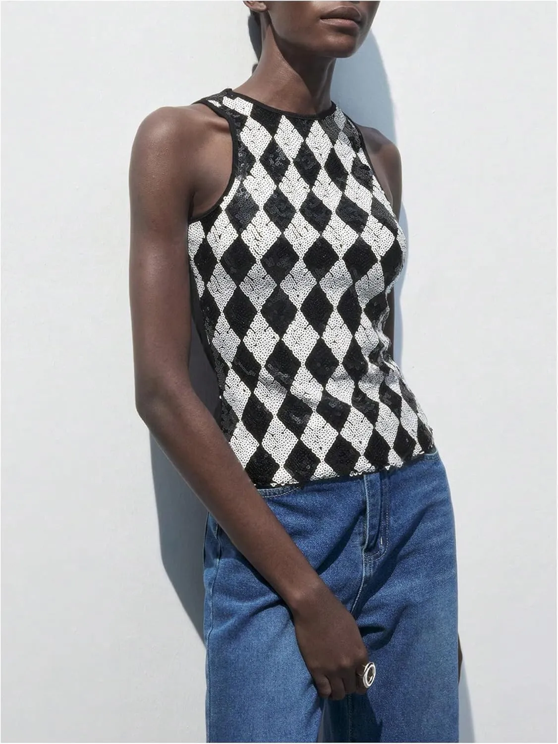 MakeMeChic Women's Checkered Sequin Sparkly Tank Top Crew Neck Sleeveless Tops