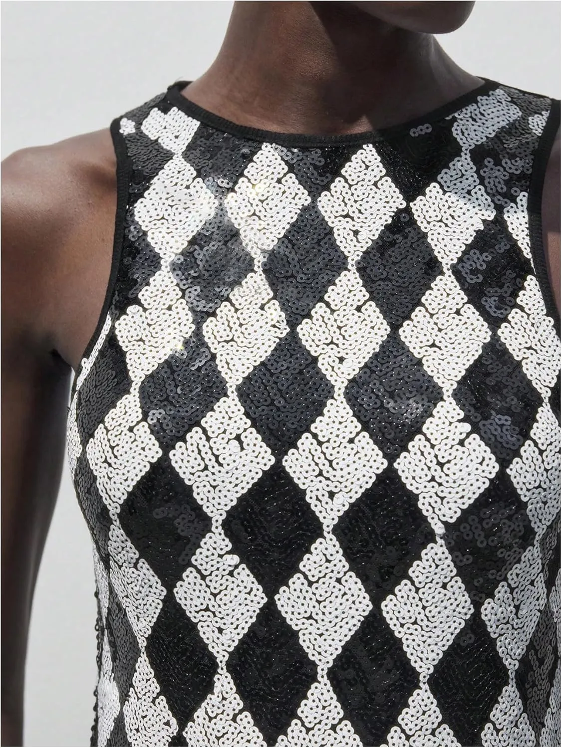 MakeMeChic Women's Checkered Sequin Sparkly Tank Top Crew Neck Sleeveless Tops