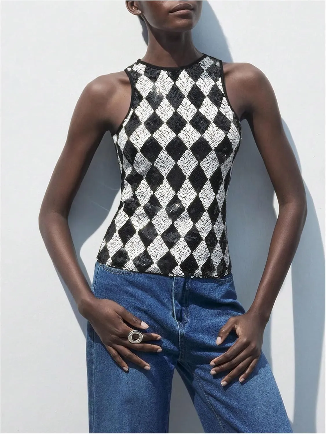 MakeMeChic Women's Checkered Sequin Sparkly Tank Top Crew Neck Sleeveless Tops