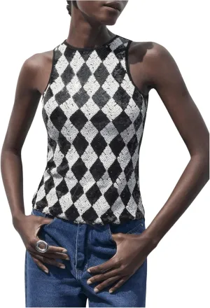 MakeMeChic Women's Checkered Sequin Sparkly Tank Top Crew Neck Sleeveless Tops